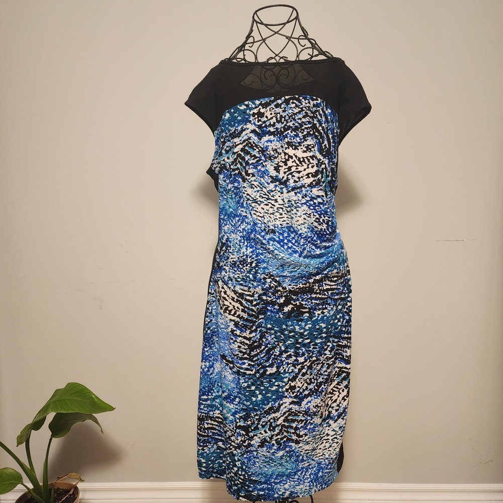 Chaps Abstract Animal Print Colorblock Ruched Sheath Dress Blue Black Size XL